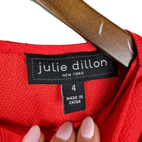 Julie Dillon Red Orange Textured Satin Crossover Sash Short Sleeve Sheath Dress - Picture 10 of 11